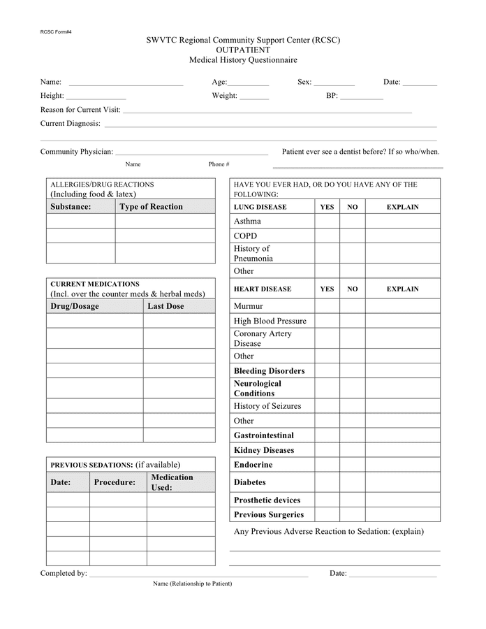 Outpatient medical history questionnaire form in Word and Pdf formats