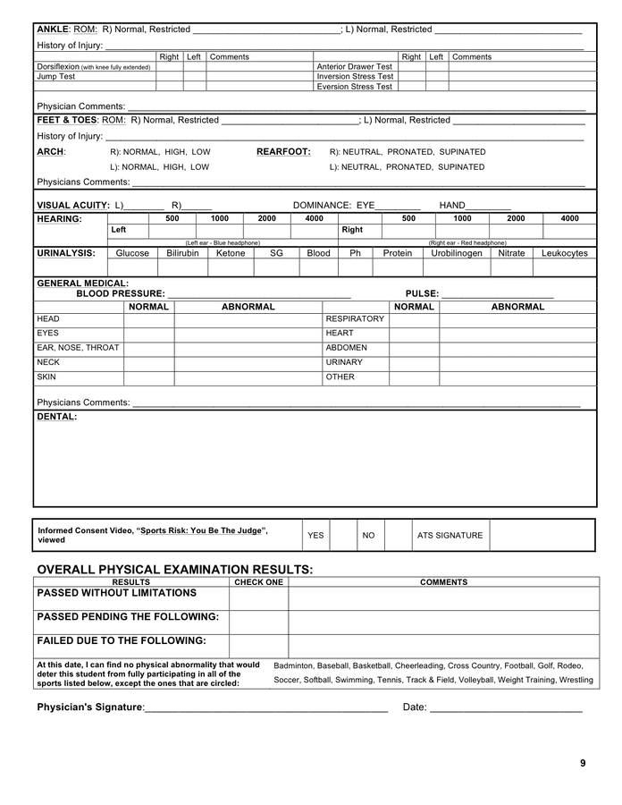 University pre-participation physical examination form in Word and Pdf ...