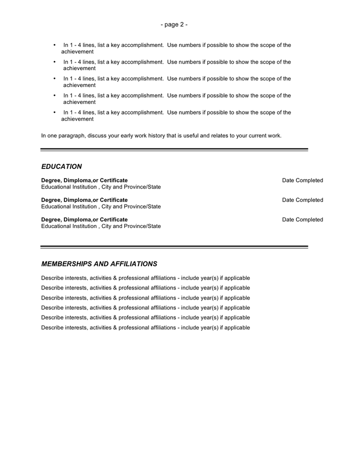 Chronological resume template in Word and Pdf formats - page 2 of 2