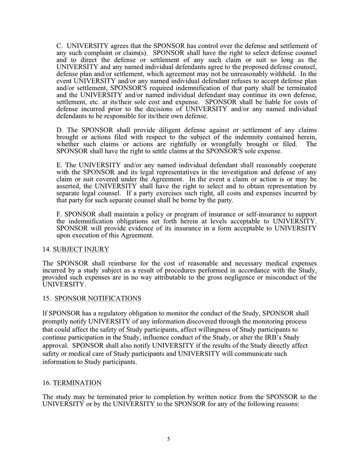 Clinical study agreement template in Word and Pdf formats page 5 of 7