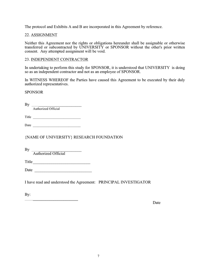 Clinical study agreement template in Word and Pdf formats page 7 of 7