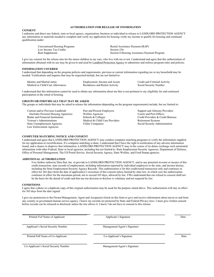 Authorization for release of information in Word and Pdf formats