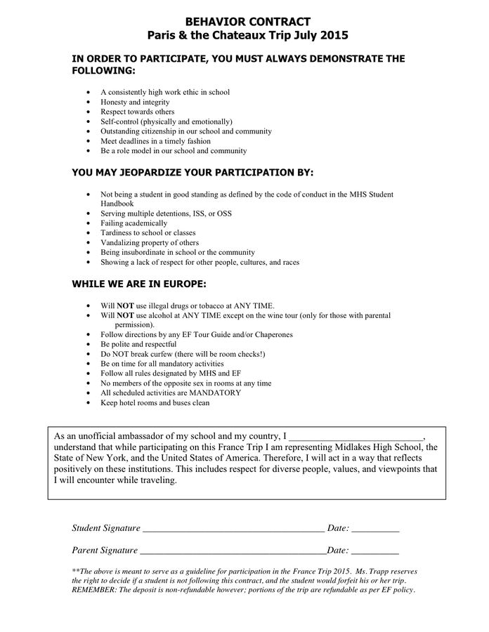 Behavior Contract Template download free documents for PDF, Word and