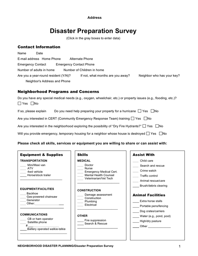 Disaster preparation survey template in Word and Pdf formats