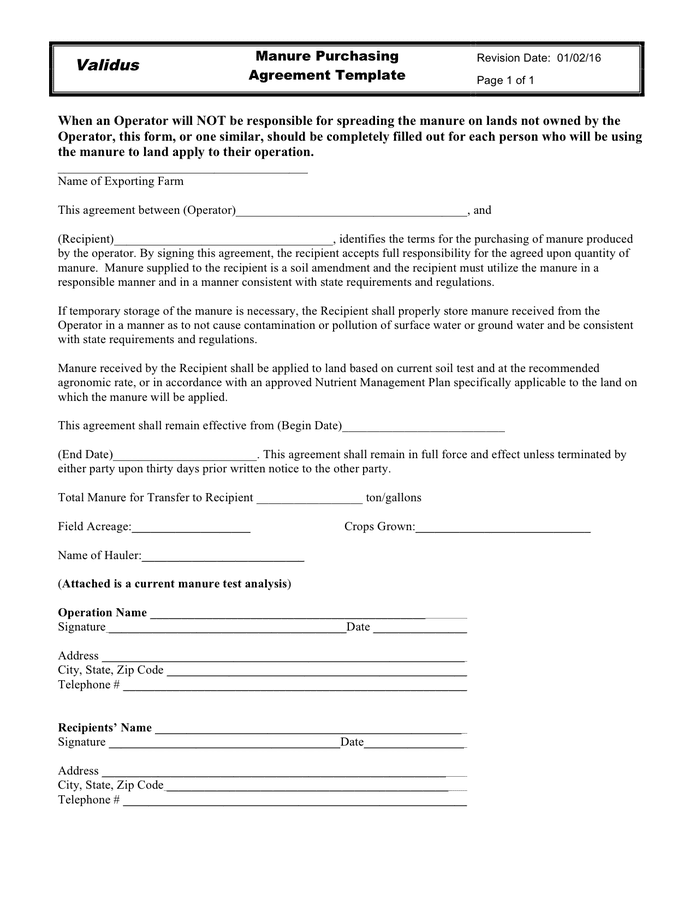 Manure Purchasing Agreement Template In Word And Pdf Formats