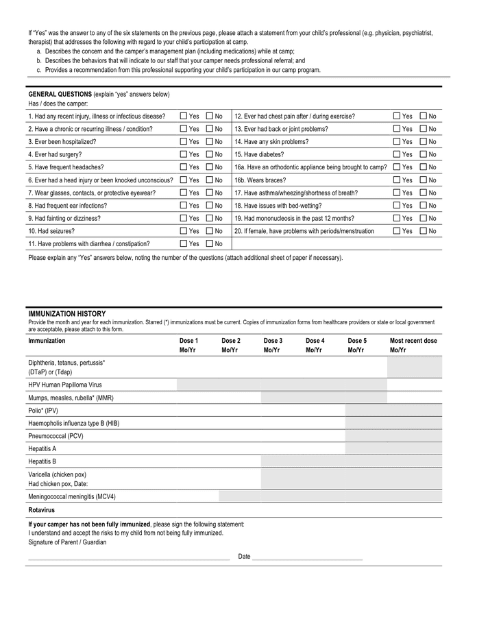 Health history for staff attending camp form in Word and Pdf formats ...