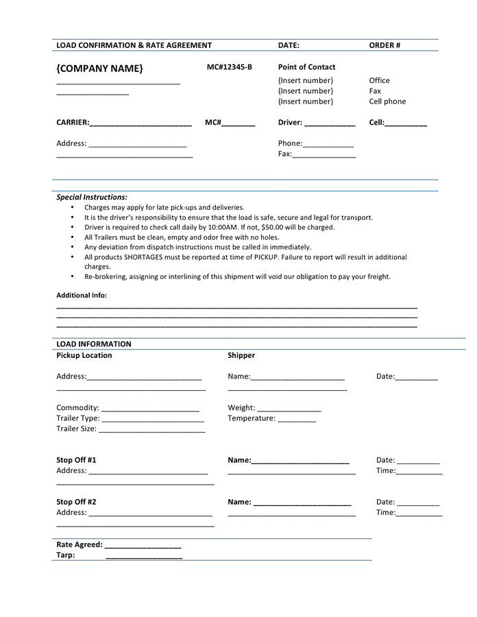 Load confirmation & rate agreement template in Word and Pdf formats