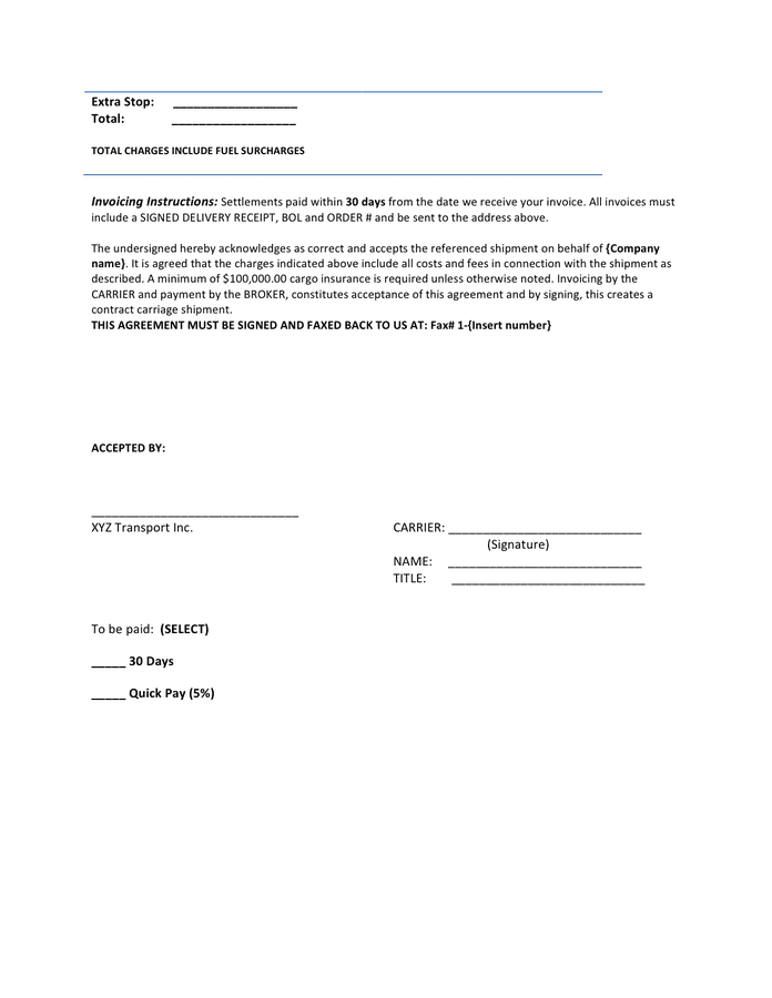 Load confirmation rate agreement template in Word and Pdf formats