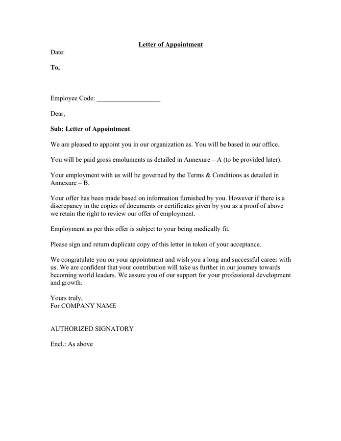 Appointment Letter Sample