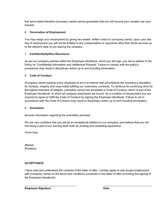 Job offer letter sample in Word and Pdf formats - page 2 of 2