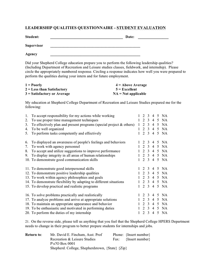 Leadership Qualities Questionnaire Sample 1 