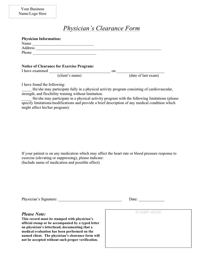 Medical Clearance Form Download Free Documents For Pdf Word And Excel 