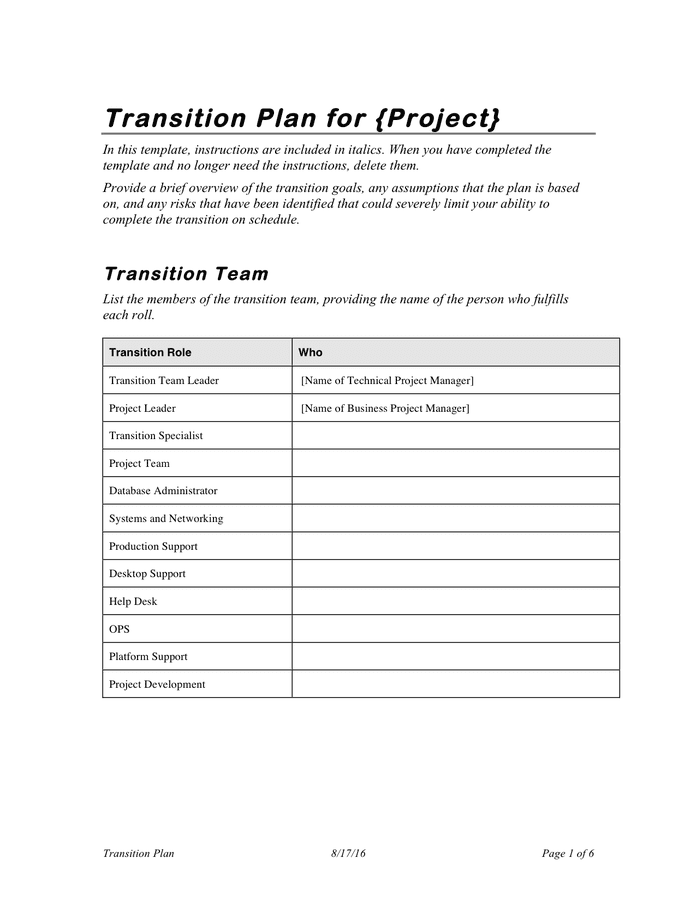 Project Transition Template