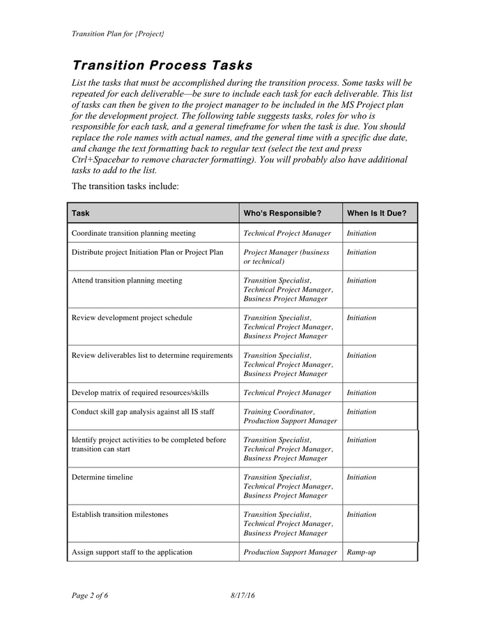 Project transition plan template in Word and Pdf formats page 2 of 6