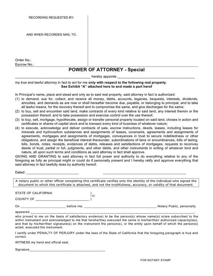 Special Power Of Attorney Form California In Word And Pdf Formats