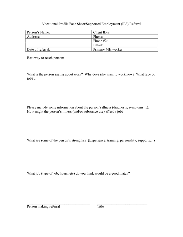 Vocational Profile Face Sheet Referral in Word and Pdf formats