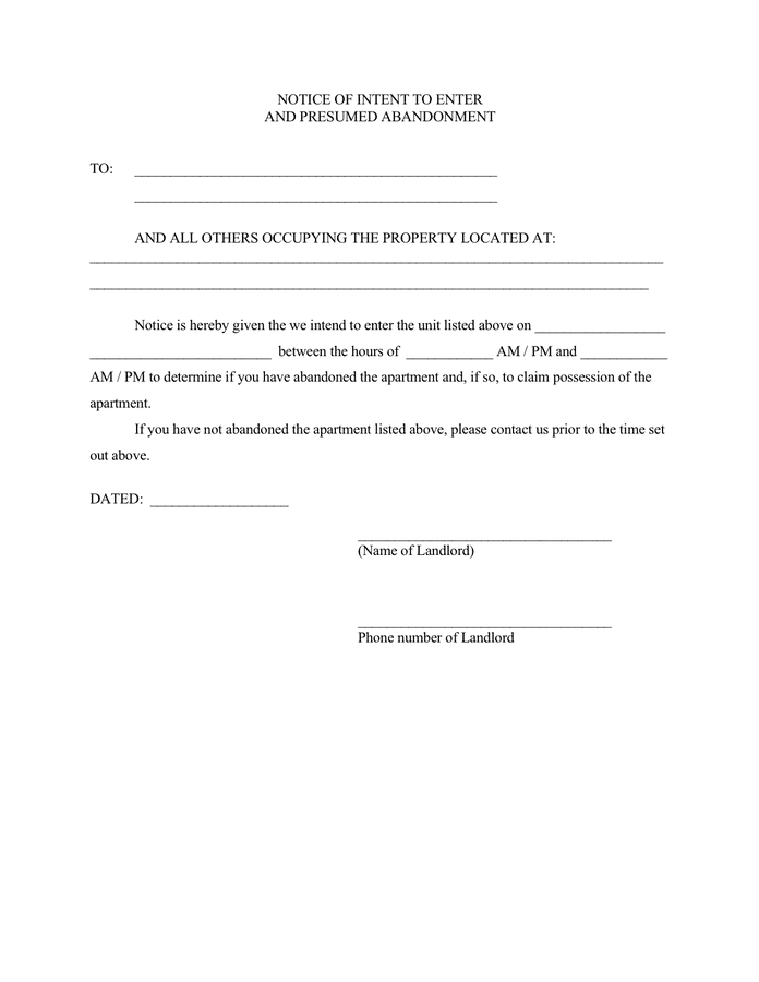 Notice of intent to enter and presumed abandonment page 1