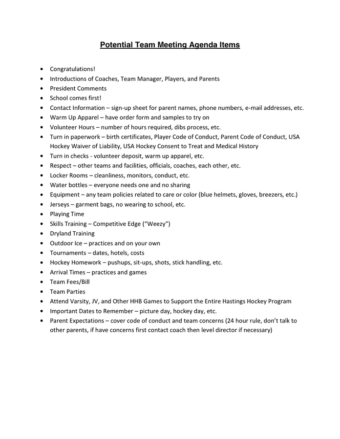 Team Meeting Agenda Items in Word and Pdf formats