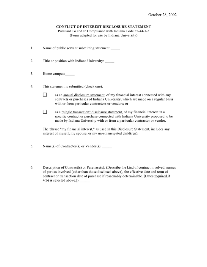 Conflict of interest disclosure statement template in Word and Pdf formats