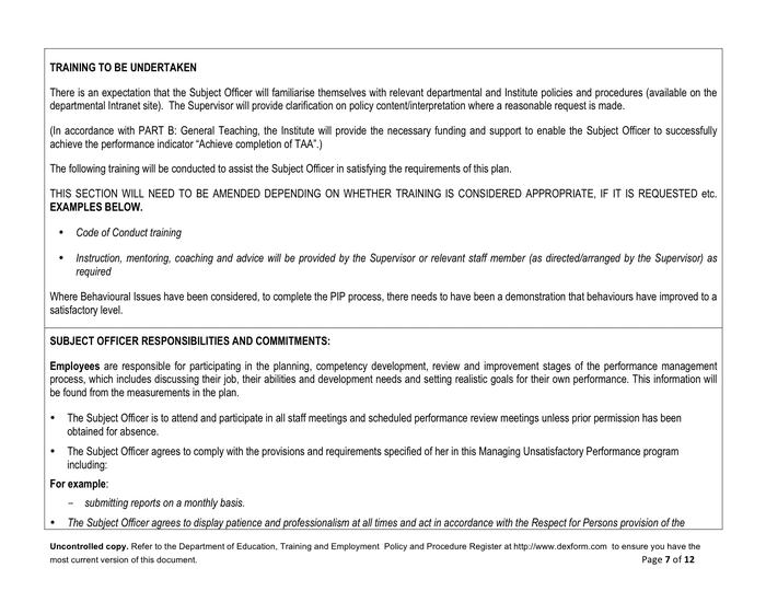 Managing unsatisfactory performance plan in Word and Pdf formats page