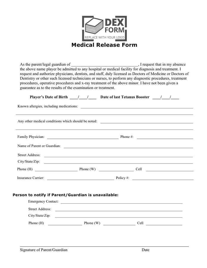 Medical release form example in Word and Pdf formats