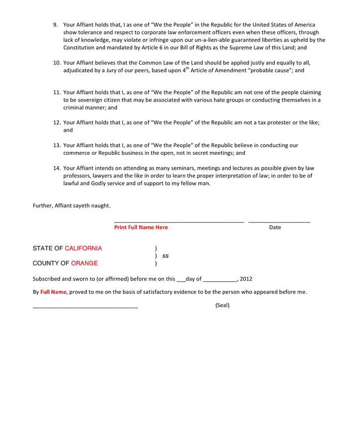 Affidavit of truth and peace in Word and Pdf formats - page 2 of 2