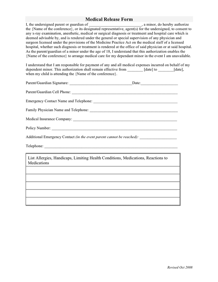 Medical Release Form download free documents for PDF Word and Excel