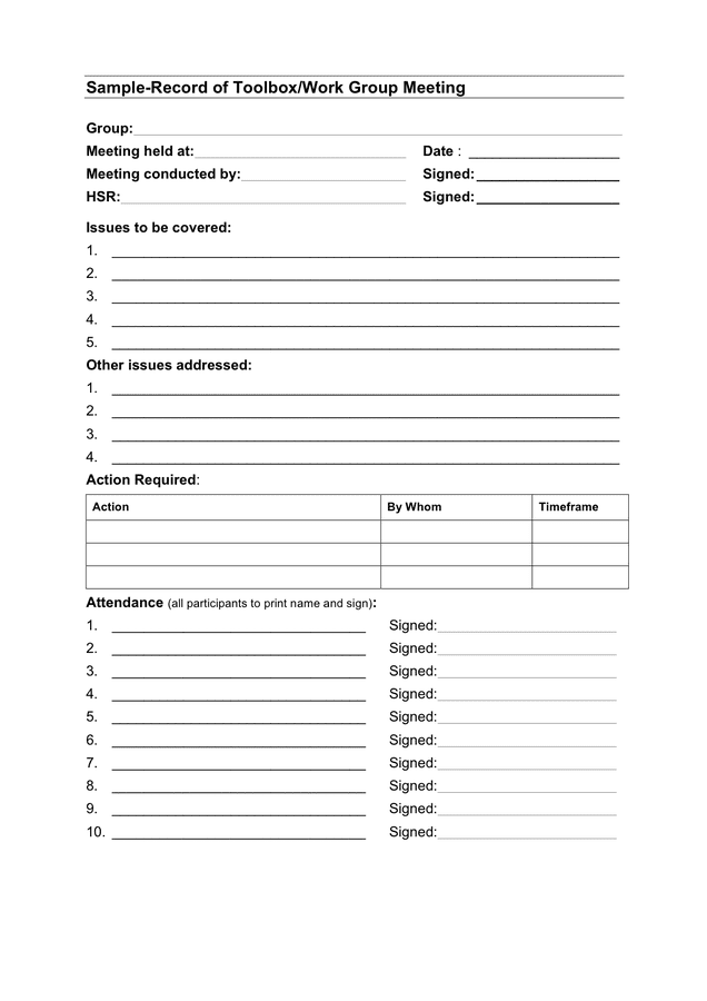 Record Of Toolbox work Group Meeting Sample In Word And Pdf Formats