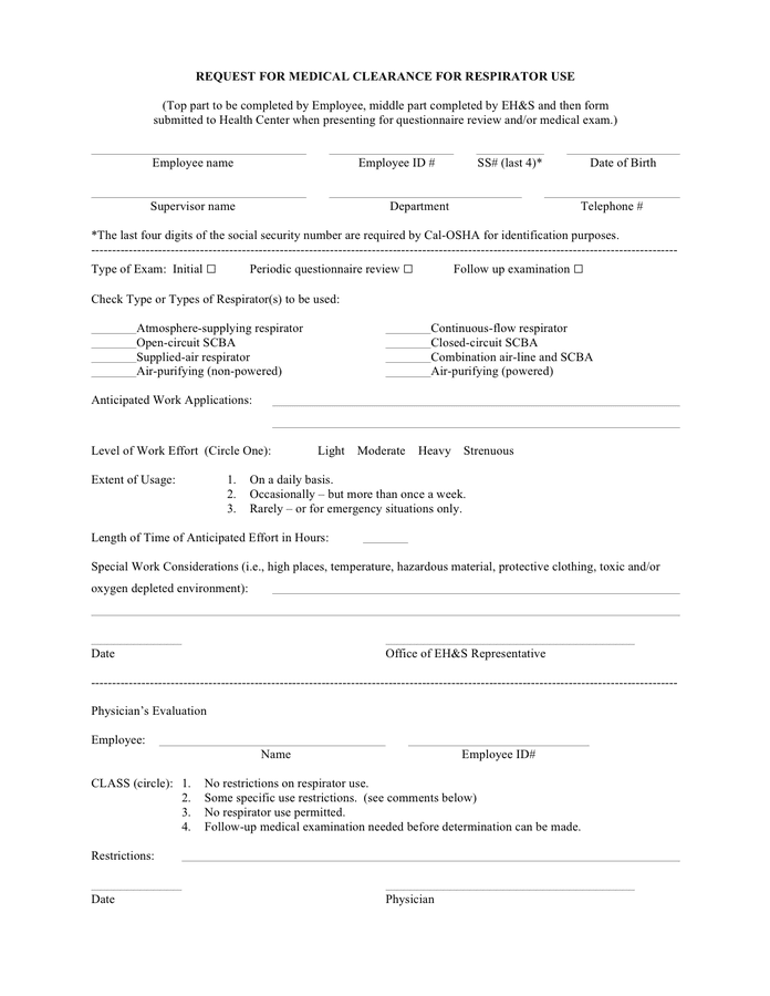 Request For Medical Clearance For Respirator Use Form In Word And Pdf Formats