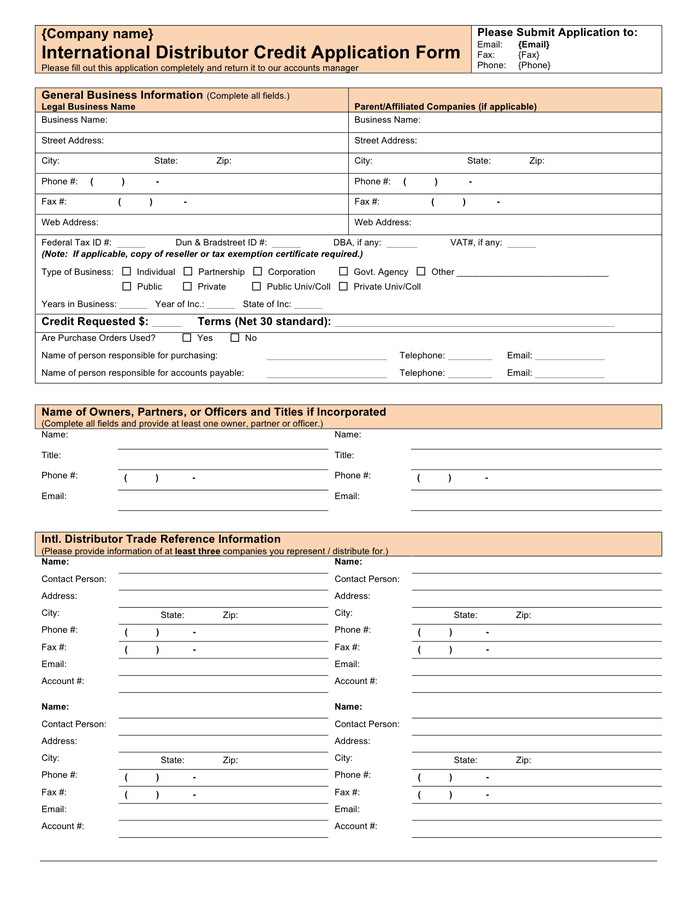 International Distributor Credit Application Form in Word and Pdf formats 