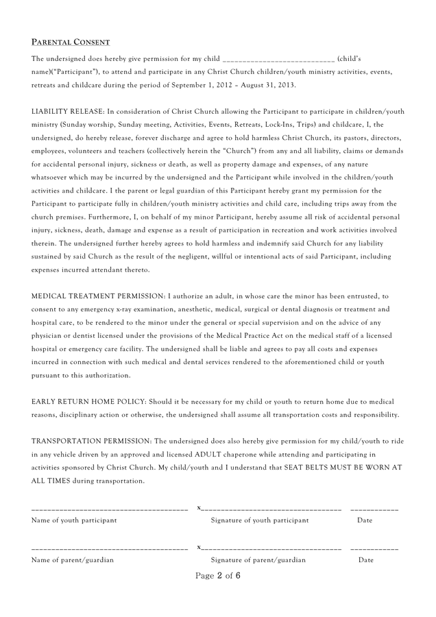 Parental consent and liability release form in Word and Pdf formats ...