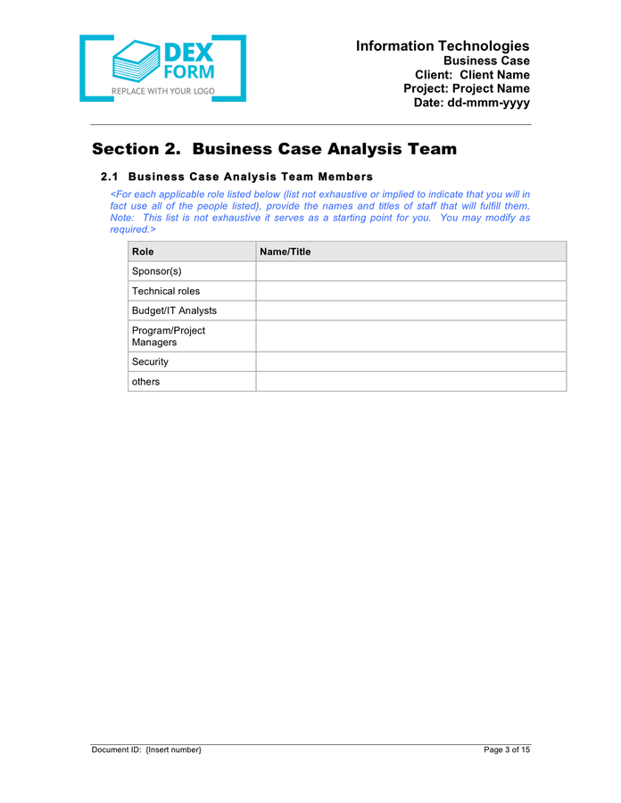 Business case template in Word and Pdf formats page 6 of 15