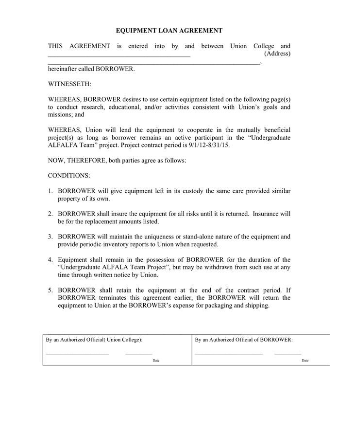 Equipment loan agreement template in Word and Pdf formats