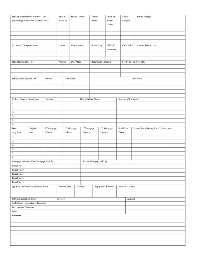 Personal financial statement form in Word and Pdf formats - page 2 of 3