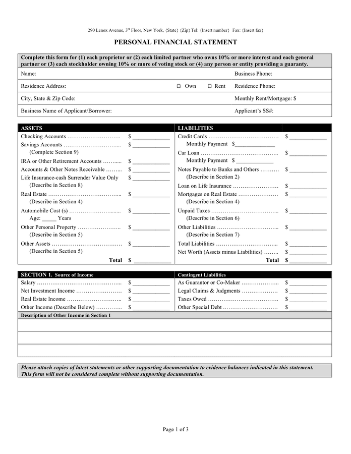 Personal Financial Statement Form download free documents for PDF