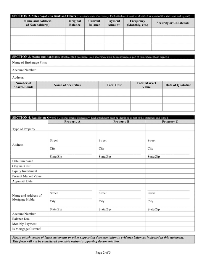 Personal financial statement form in Word and Pdf formats - page 2 of 3