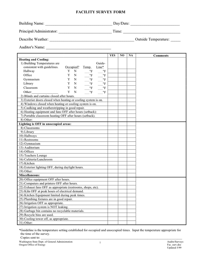Facility survey form in Word and Pdf formats