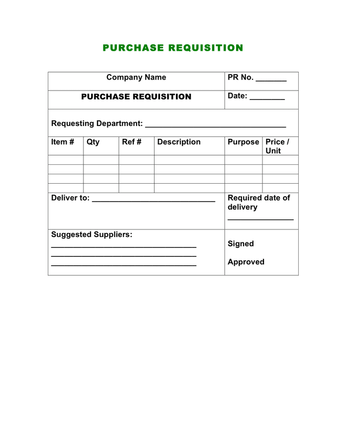 Purchase requisition template in Word and Pdf formats
