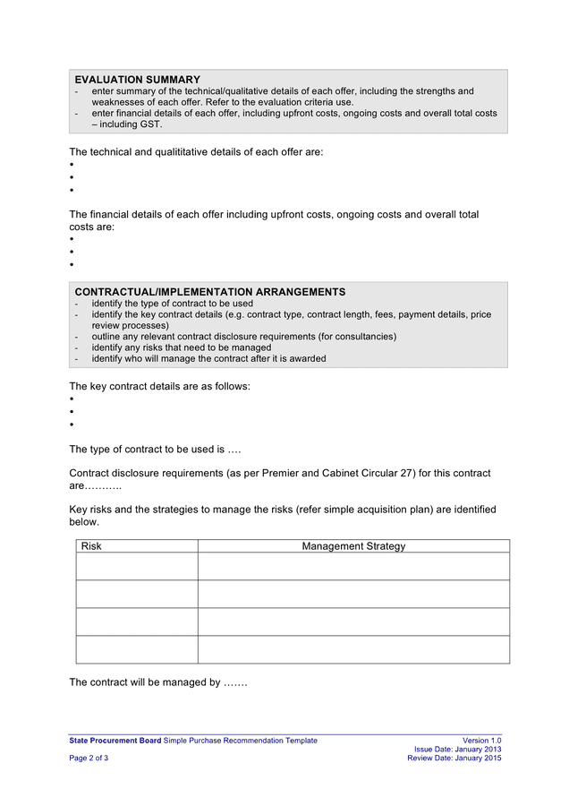 Simple purchase recommendation form in Word and Pdf formats - page 2 of 3