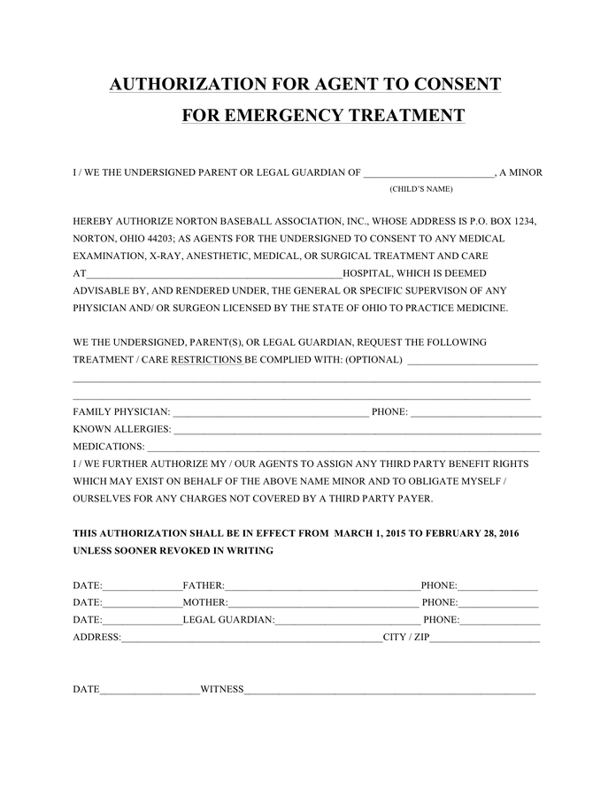 Emergency Medical Authorization Form In Word And Pdf Formats