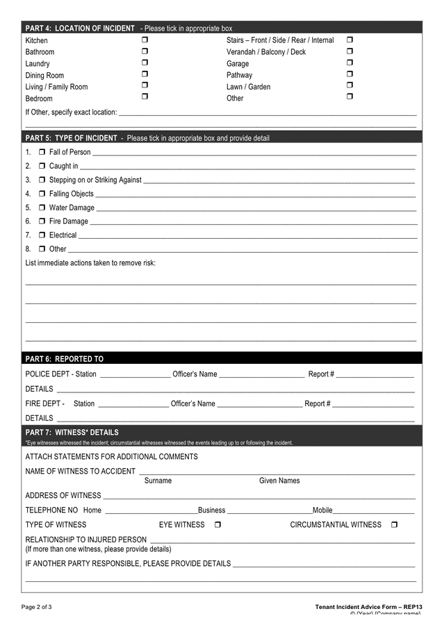 Tenant Incident Advice Form in Word and Pdf formats - page 2 of 3