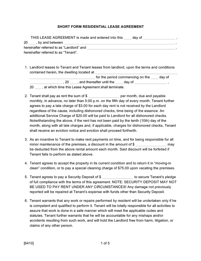 Short form residential lease agreement sample preview