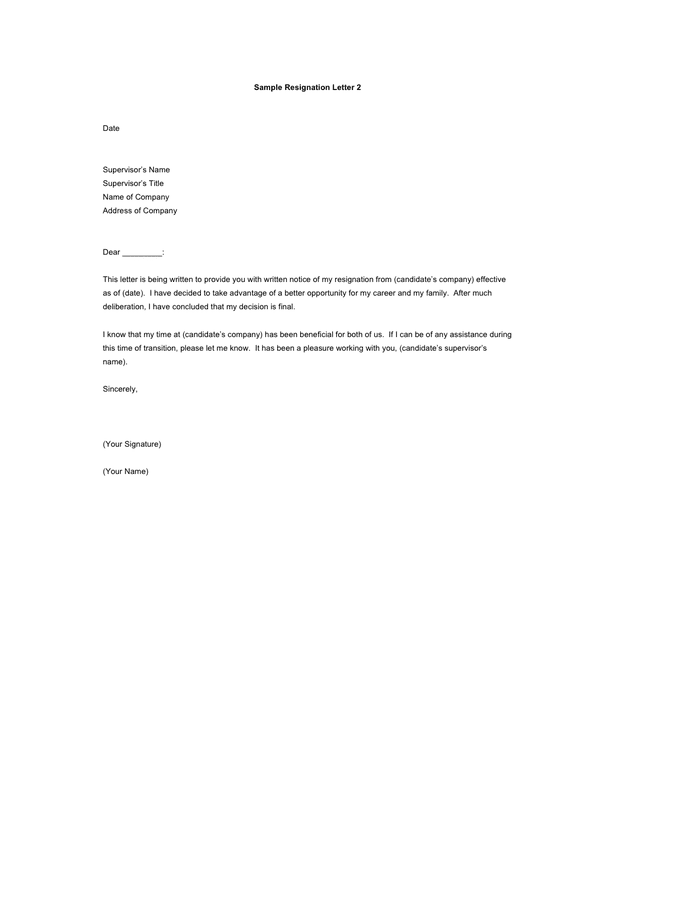 Sample resignation letter in Word and Pdf formats