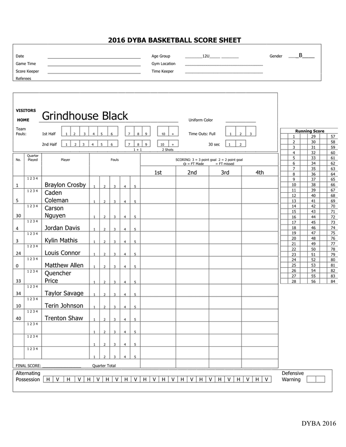 Basketball score sheet in Word and Pdf formats