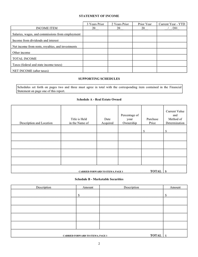 Financial statement form in Word and Pdf formats - page 2 of 3