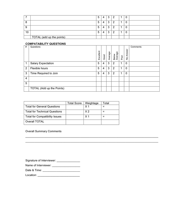 Printable Sample Interview Score Sheet Template Printable Templates