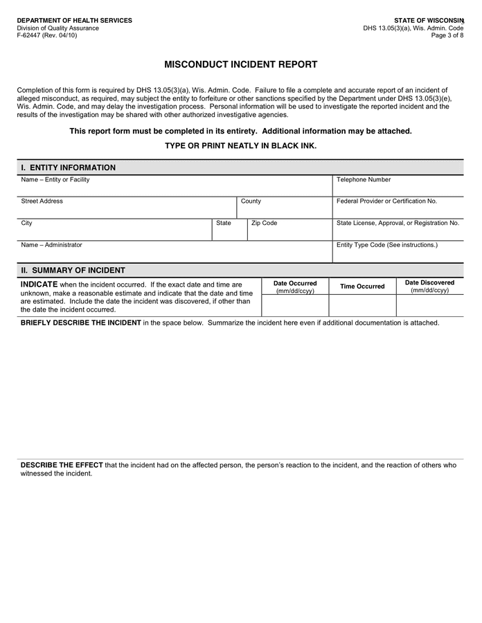 Misconduct Incident Report F In Word And Pdf Formats Page 3 Of 8