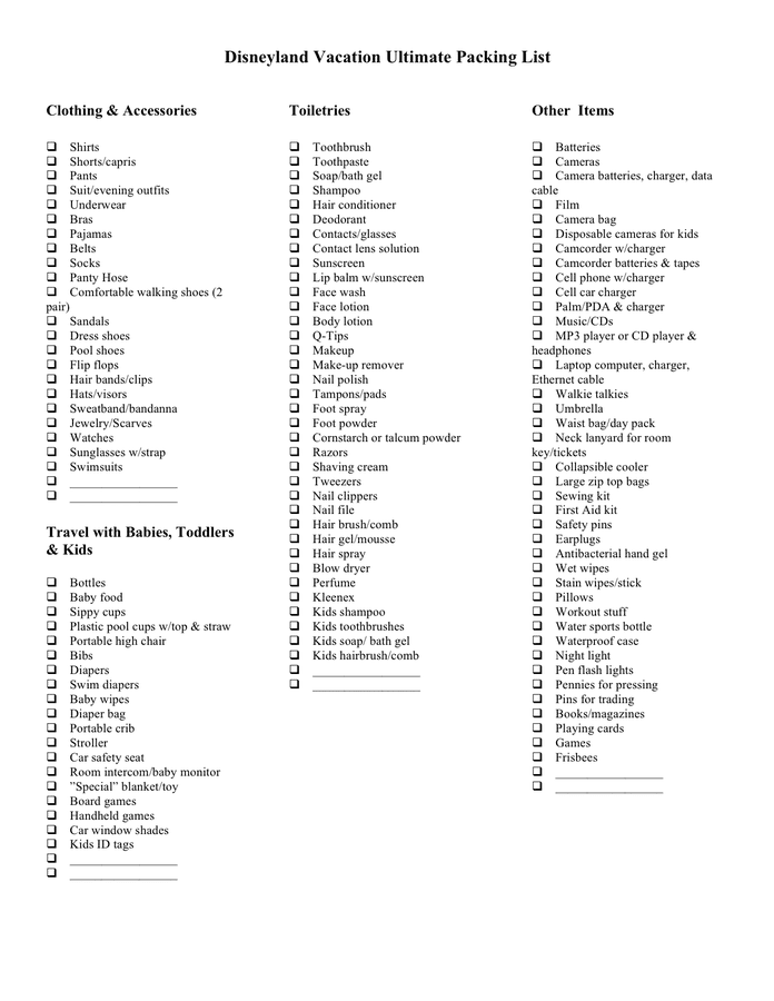 Disney vacation packing list in Word and Pdf formats