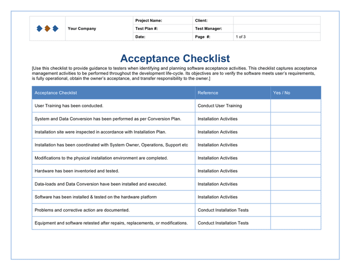 Acceptance checklist template in Word and Pdf formats