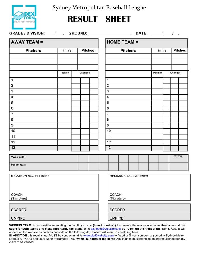 Baseball result sheet in Word and Pdf formats